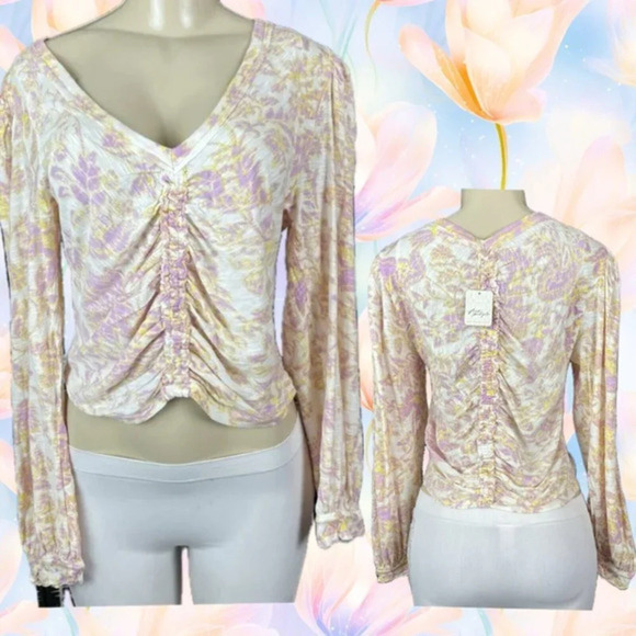 Free People L Eggshell-Lilac Printed V-Neck Ruched Front Long Sleeve Crop Top - Picture 1 of 6